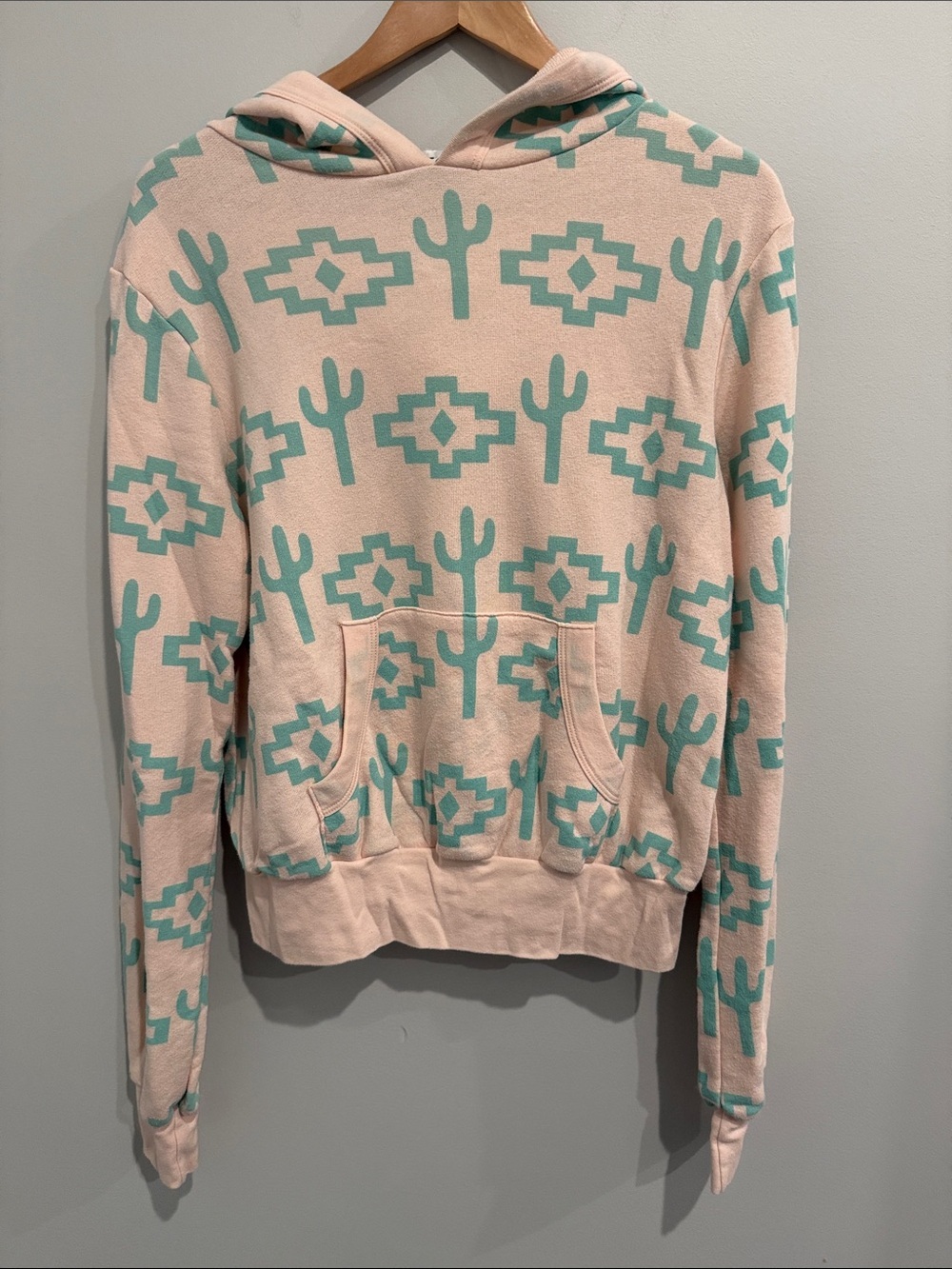 Wildfox Cream Hoodie with Teal Cactus & Aztec Print